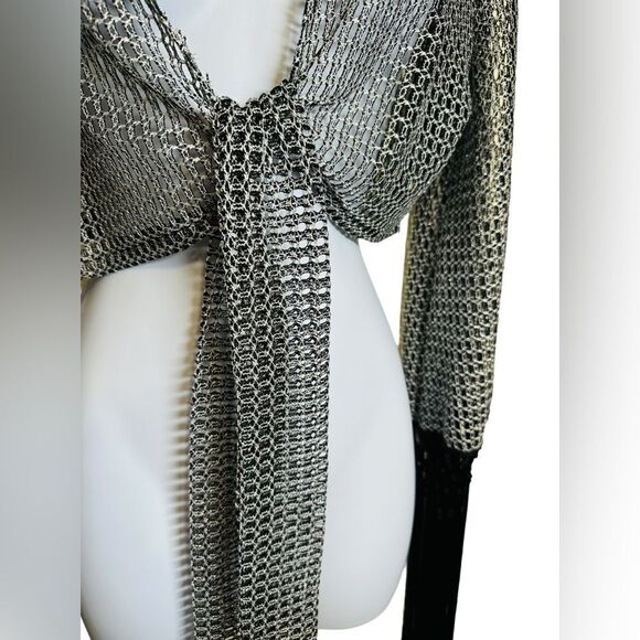 ALEXANDRA KATSAITI Women Open Weave Coverup With Fringe Silver Black Size Small - Picture 6 of 11